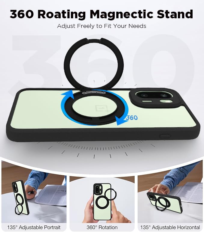 Image of RIGGEAR Shockproof Sleek Hybrid Armor 360 Rotating Magnetic Ring Stand Back Cover Case Compatible with MagSafe Accessories for OnePlus 15R 5G (Clear PC + Black TPU Bumper)
