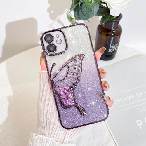 Image of SHINESTAR 3D Butterfly Case for iPhone 12 Cover, Cute Girly Glitter Bling Luxury Back Cover for Women Girls Protective Shockproof Slim Camera Protection for iPhone 12 - Purple