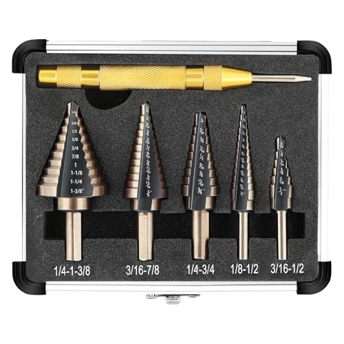 COMOWARE Step Drill Bit Set &amp; Automatic Center Punch- Black and Gold, Double Cutting Blades, High Speed Steel, Short Length Drill Bits Set of 5 pcs, Total 50 Sizes with Aluminum Case