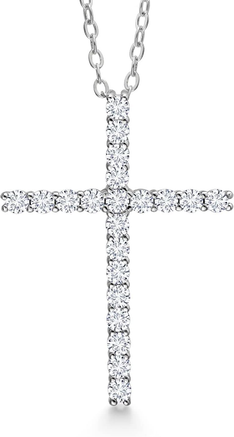 Gem Stone King Moissanite Cross Necklace | 925 Sterling Silver | 0.80 Cttw | 1 Inch | Jesus Christian Religious Crucifix Jewelry Pendant Necklace for Women | with 18 Inch Silver Chain