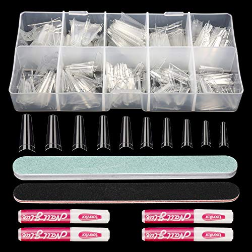 Clear Coffin Acrylic Nail Tip, 500pcs NEW UPGRADED Nail Tips and Glue French Fake Nail Starter Kit Professional Half Cover Long Coffin Nail Tips Press On Nails Nail File And Buffer