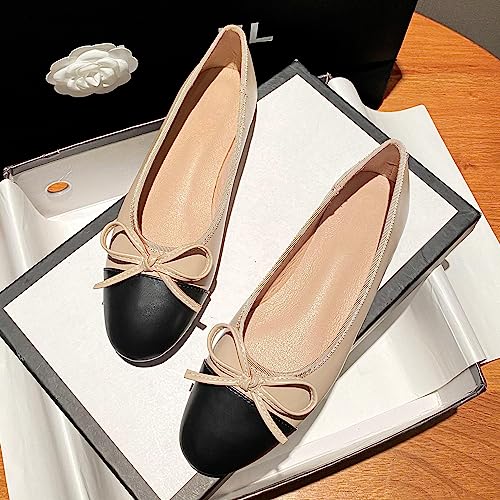 JiangWei Shu Women Bow Knot Ballet Flats Round Toe Slip On Dress Party Shoes, Apricot US 73