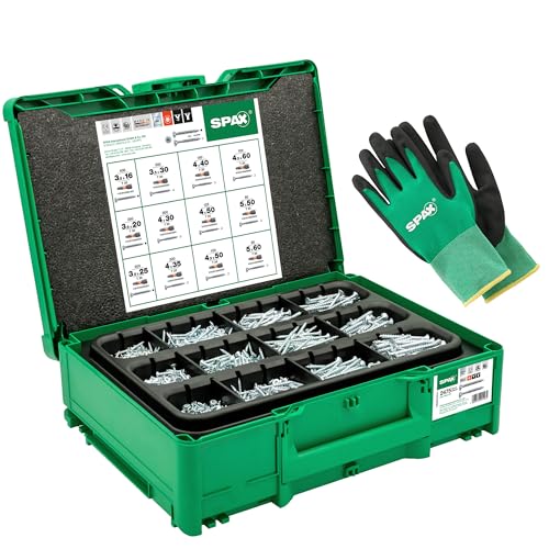 SPAX Montagekoffer Systainer³ T-Loc - Schraubenset mit 2.475 SPAX Schrauben in 12 Abmessungen, inkl. 5 T20 Bits & Arbeitshandschuhe – Profi Schraubenkoffer für Handwerk & Heimwerker – 8000000294624