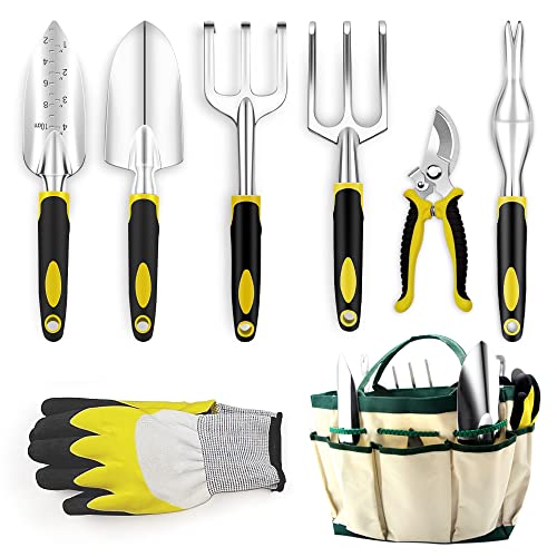 QianRuiDa 8-Piece Garden Tools Set for Gardening Aluminum Alloy Heavy Duty Kit, with Storage Tote Bag, Ergonomic Rubber Grip, Gift for Men or Women, Indoor and Outdoor Tools