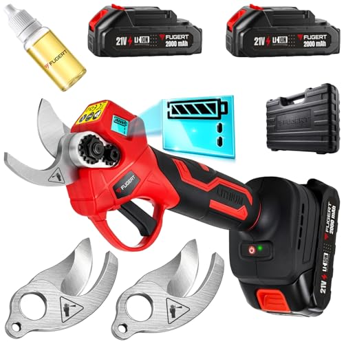 FUGERT Akku Astschere 30 mm mit 2 Akkus 2 Ah, Bürstenloser Motor, Elektrische Gartenschere Bypass, LED-Schnittzähler, Baumschere für Garten & Obstbäume, Leichte Gartenschere mit Koffer
