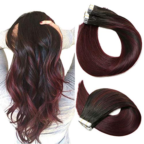 Tape In Hair Extensions Human Hair Ombre Hair 20pcs/50g Per Set Natural Black Fading to Red Double Sided Tape Skin Weft Remy Silk Straight Hair Tape in Extensions Human Hair 20 Inch