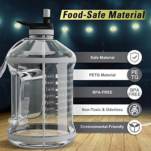 Gallon Water Bottle with Straw Lid - BPA Free Water Bottle with Time Marker, Handle and Carry Strap, Reusable Leaf-Proof Water Jug for Outdoor Sports, Gym Workout, and Camping