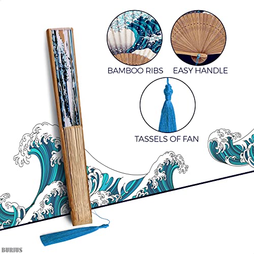 Japanese Fan Handmade Decorative Accessories - Folding Fan Vintage Hand Fans For Women Portable Folding Fan Bamboo Silk Fan - Japanese Decorations Retro Fans - Kanagawa Wave Foldable Fan Handheld #TOP2