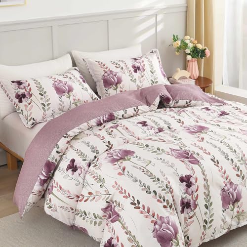 Stylishbed Purple Floral Duvet Cover Set King Size Bedding Quilt Cover White and Purple Reversible 3Pcs Soft Microfiber Bedding Set with 2 Pillowcases(King, 220x230cm)