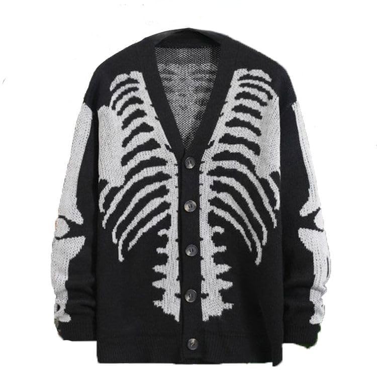 Fall Fashion Knit Cardigan Y2K Skull Print Long Sleeve Button Hip Hop Punk Casual Men's and Women Knitted Cardigan