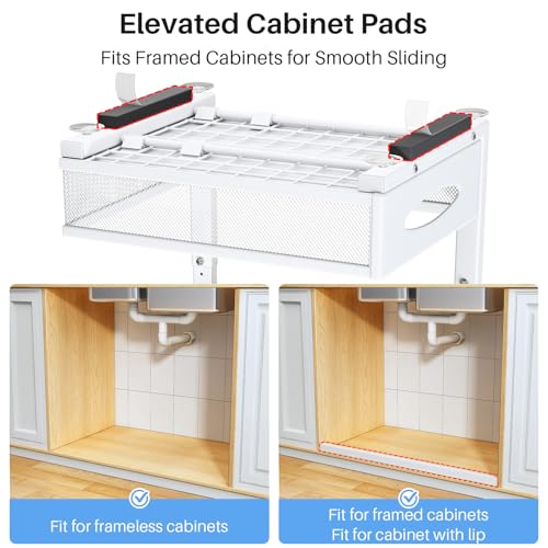 Image of Under Sink Organizer, 2 Tier Pull Out Under Cabinet Organizer Shelf with Pad for Framed Cabinets, Metal Slide Out Under Sink Storage, Mesh Sliding Drawers for Kitchen Bathroom Laundry(White, 1 Pack)