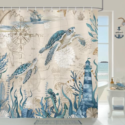 Bonhause Cortina de Ducha Tortuga Marina Náutico Costera Océano Cortina de Baño de Poliéster Impermeable Antimoho Lavable Cortina Ducha 180 x 180 cm con 12 Ganchos