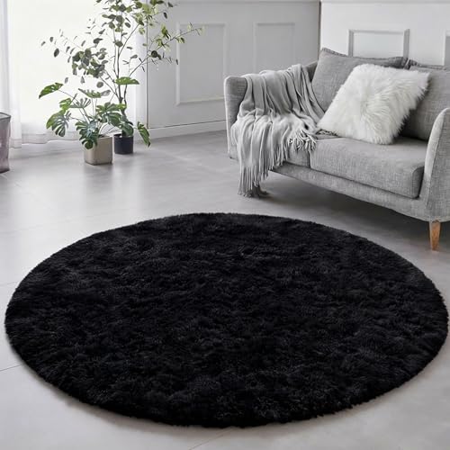 Black Round Plush Rug 5Ft for Bedroom & Living Room