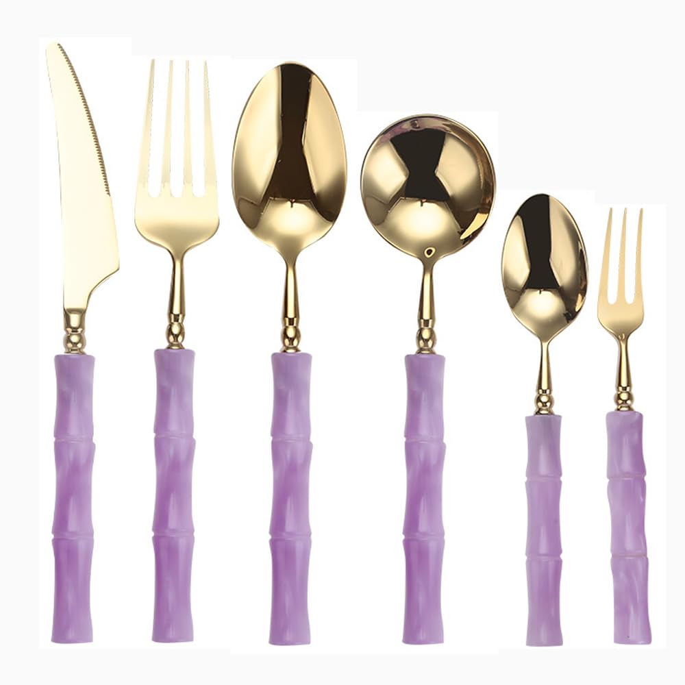 Manico Acrilico Cucina Acciaio Inox Argenteria Stoviglie Posate Set Bistecca Coltello Forchetta Cucchiaio Cucchiaino (Oro viola,Coltello affilato - 6 pezzi)