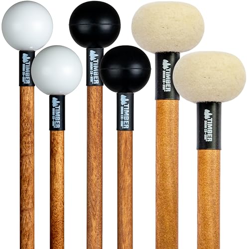 Image of Timber Drum Co. Xylophone /Marimba Mallet Set - MADE IN U.S.A. Percussion | Sticks For Glockenspiel, Timpani, Bell Kit, Cymbals, Blocks, Tongue Drum - 3 Pairs Soft To Hard, Solid Birch Handles, 15.25 inch