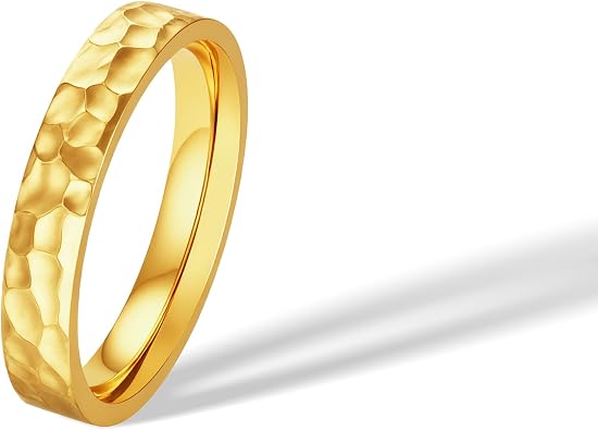 4mm Hammered Finish Gold Ring for Women Men,18K Gold Plated Titanium and Stainless Steel Non Tarnish Stacking Band Ring