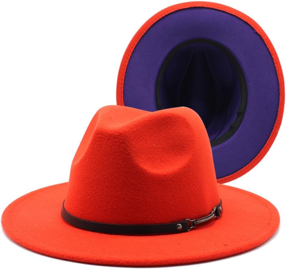 Two-Tone Wool Felt Fedora Hat, Orange to Black Gradient, Wide Brim with Pearl Band, Classic Style for Men