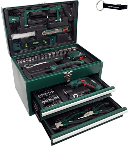 HEADNMORE Parkside Kit d'outils avec visseuse sans fil 92 pièces PWBM A1 Mallette en métal + porte-clés