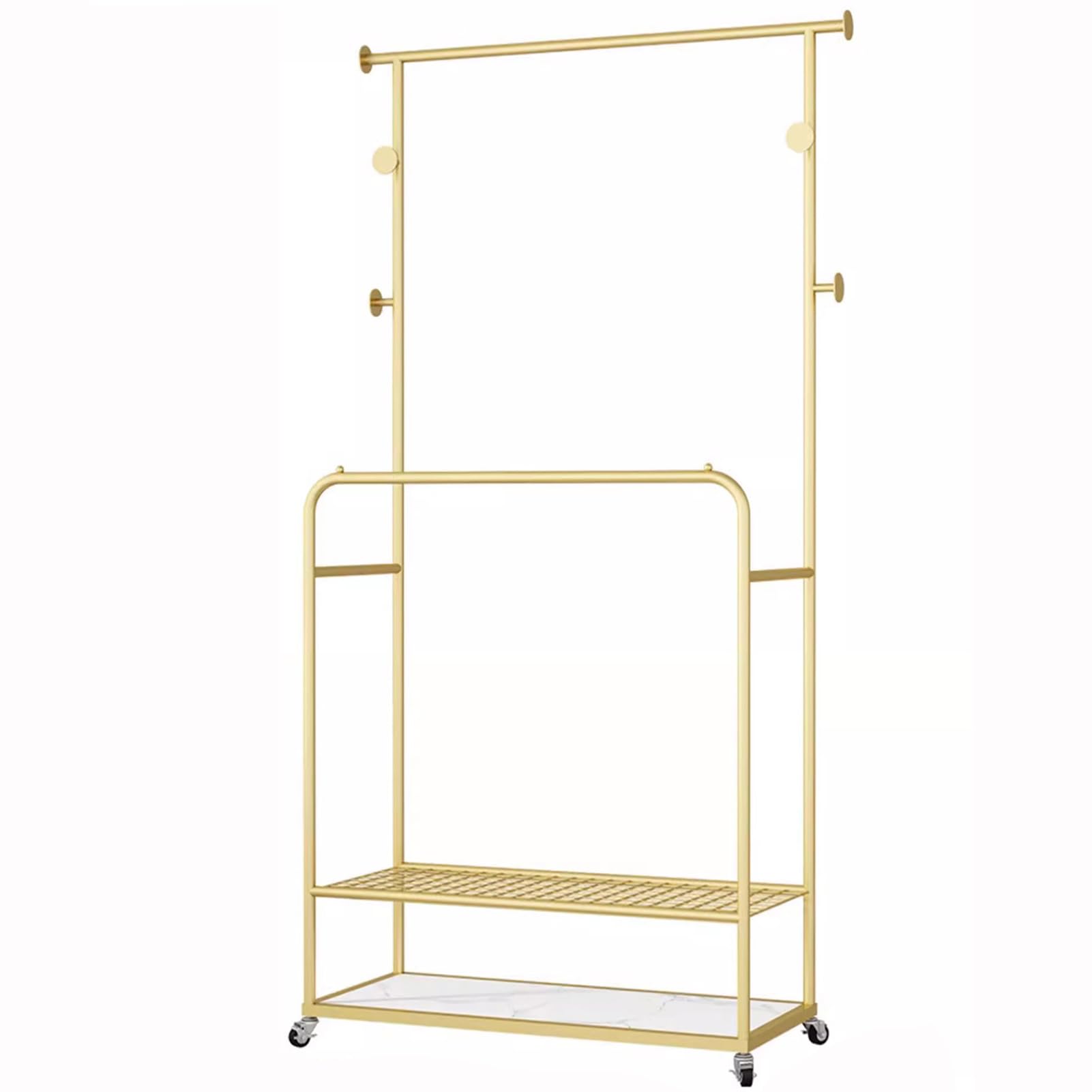 AT-VALY Appendiabiti A Doppia Asta Con Ruote – Struttura In Metallo Oro, 111x42x166 Cm, Portabiti Multiuso Per Camera E Armadio