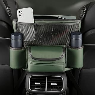 Car Handbag Holder Between Seats, PU Leather Large Capacity Car Purse Holder for Front Seat, Seat Back Net Bag Double-sided Tissue Storage Handbag Holder Car Accessories (Army Green)