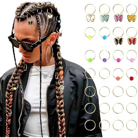 VOBOBE Hair Jewelry for Braids, 28pcs Hair Braid Accessories Metal Hair Charms Gold Loc Dreadlock Spirals Cuffs Rings for Women Girls Rave Festival Hairstyle Decoration (Butterfly) Cover