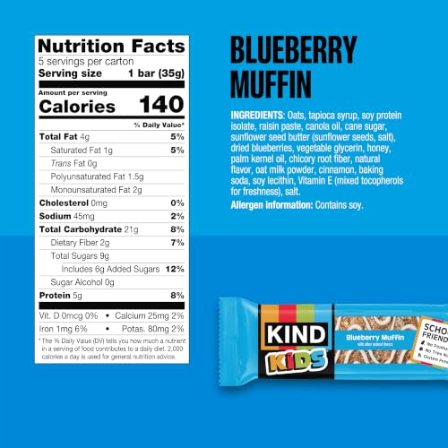 Image of KIND Kids Granola Bars Variety Pack, Gluten Free, Low Sodium, Peanut and Tree Nut Free Snacks, Chocolate Chip, Blueberry Muffin, 5g Protein, 15 Count
