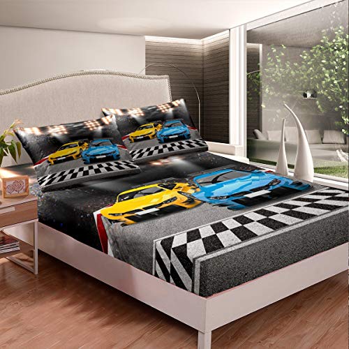 Loussiesd Sports Car Bedding Set Extreme Sports Decor Bed Sheet Set for Kids Boys Yellow Blue Race Car Bed Sheets Cool Speed Competitive Racing Car Fitted Sheet Bedroom Collection 2Pcs Single Size
