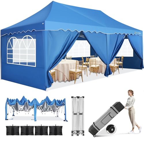 HOTEEL 10x20 Pop Up Canopy with Sidewalls, Outdoor Waterproof Easy Up Canopy Party Tent, Portable Enclosed Commercial Canopy Tent Gazebo with Roller Bag Sandbag for Events,Backyard,Patio,Party, Blue