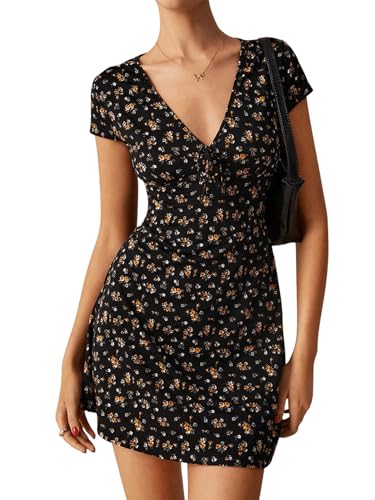 SweatyRocks Boho Kleid Damen Kurz Sommerkleid A Linien Kleid Mit Blumen Minikleid Mit V Ausschnitt Blümchenkleid Süßes Kleid Freizeitkleid Schwarz...