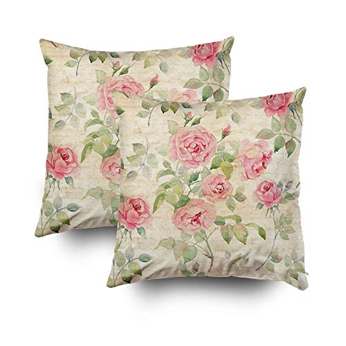 Crannel Double-Sided Printing Pillowcase 18X18 Inch 2PCS Throwing Cushion Floral Pattern Pink Roses Vintage Background Watercolor Invisible Zipper Square Decorative Home Sofa