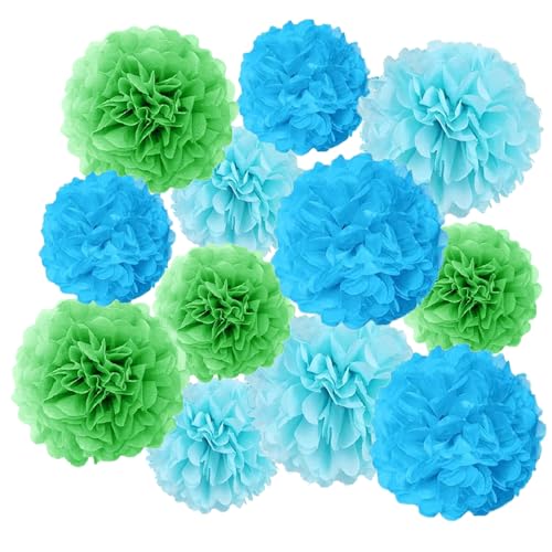 Image of Aimto 12pcs Blue Light Blue and Green Paper Pom Poms Decorations for Party Ceiling Wall Hanging Tissue Flowers Decorations - 3 Colors of 12 Inch, 10 Inch
