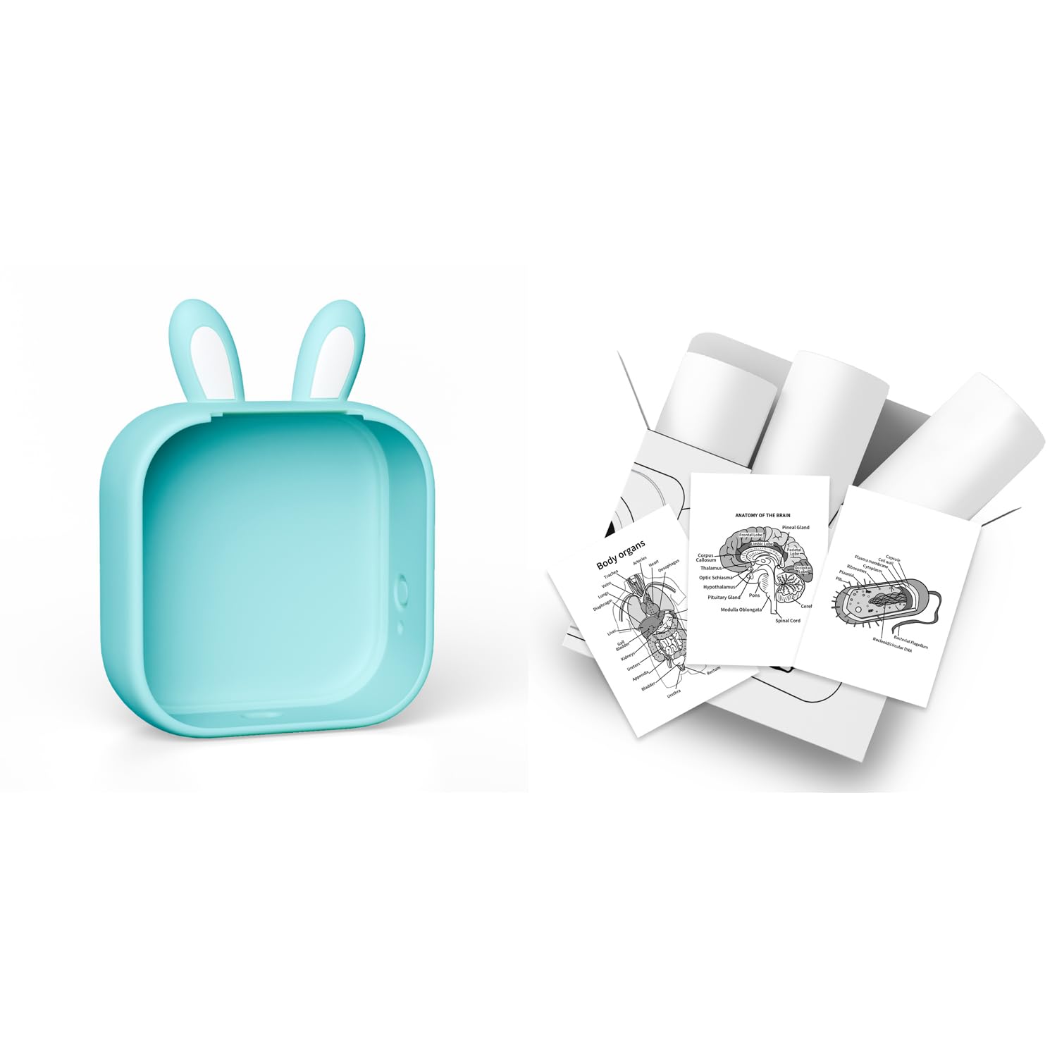 T02 Mini Sticker Printer Silicone Protective Case Bunny Ears Cover Case with 3 Rolls White No-Adhesive Sticker (Size: 2in x 11.5ft/Roll, Keep for 10 Years