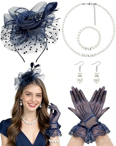 Bnsikun Fascinator Hat for Women Tea Party Hats Mesh Veil Headband Tea Party Headpiece and Lace Glove Set for Women