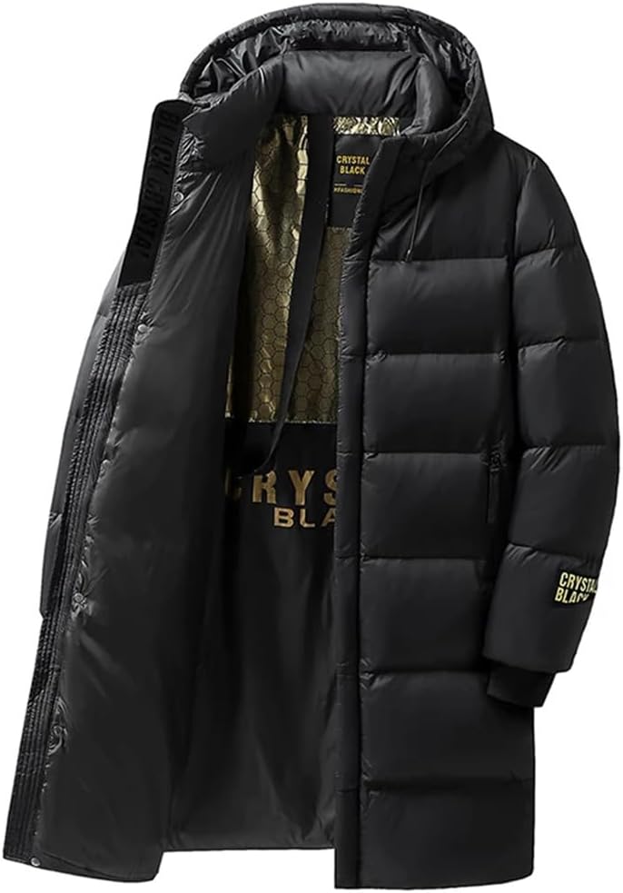 Alloaone Mens Warm Thick Long Down Jacket Coat Hooded Waterproof Puffer Jacket Windproof Parkas