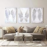  YDH Cuadro de pared moderno blanco con alas de ángel y plumas, lienzo impreso en la pared para decoración de salón / 45 x 65 cm x 3 piezas, sin marco (50 x 70 cm x 3)