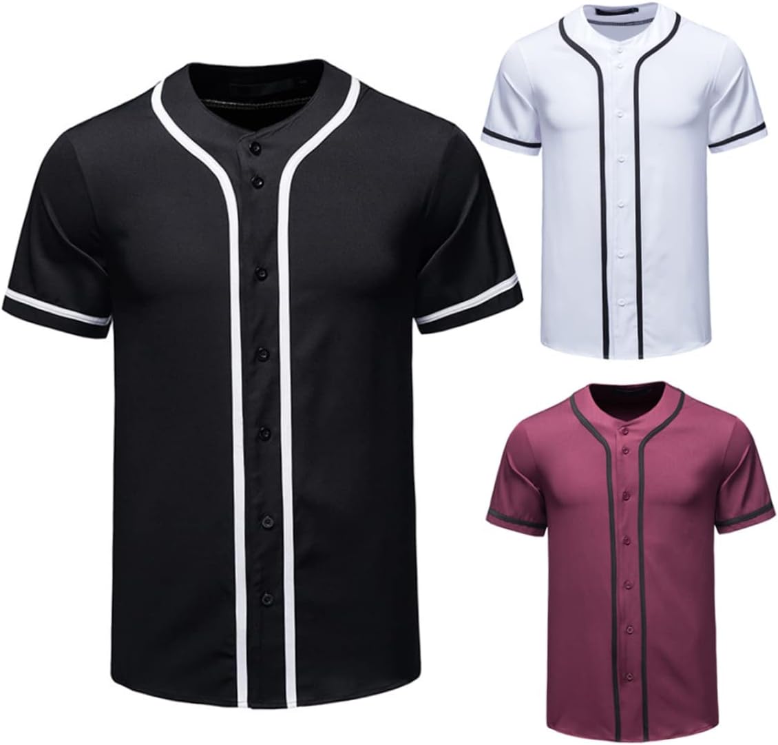 Men Baseball Jerseys Stripe Button Down Short Sleeves V-Neck Sports T-Shirt Uniforms Black 3XL.