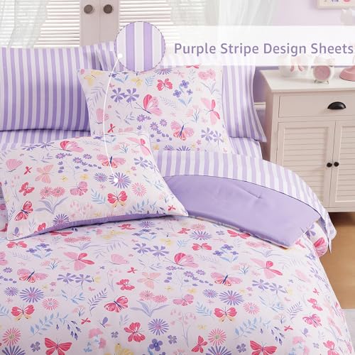 Image of Twin XL Comforter Set for Girls Butterfly Botanical 5 Pieces Bed in a Bag
