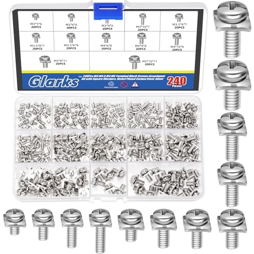 Glarks 240pcs M3 M3.5 M4 M5 Terminal Block Screws with Square Washers Sets 12 Sizes Nickel Plated Carbon Steel Terminal Block Pan Head Screw and Square Washer for Fix Wires