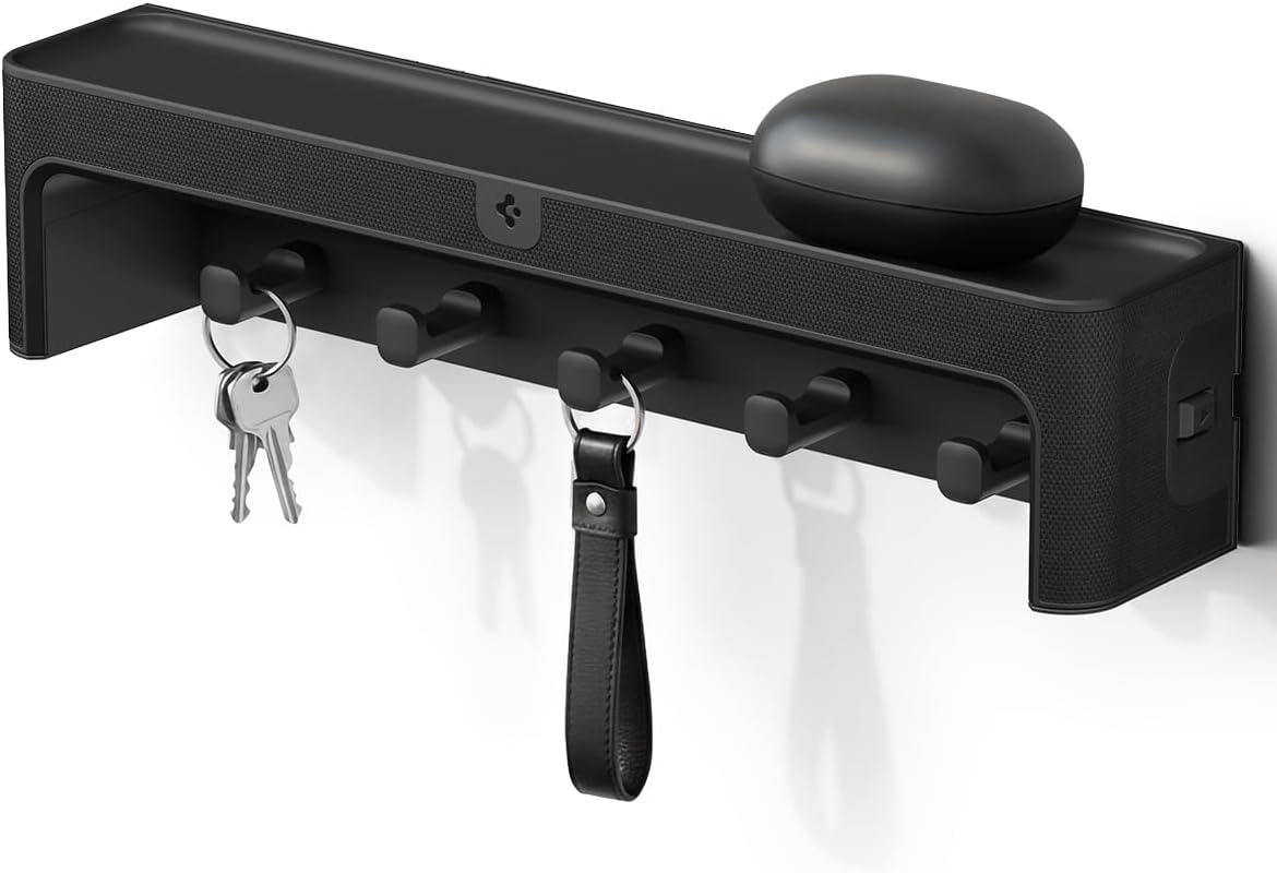 Spigen Key Holder Wall Mount with Adhesive Hooks and Organizer Tray for Wallet, Watch, Sunglasses – Entryway Shelf Rack for Door, Home, or Living Room – Black