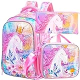 3PCS Backpack for Girls, 16 Inch Unicorn Water Resistant Sequin Preschool Bookbags, Cute Elementary Kindergarten School Backpacks and Lunch Box - Pink