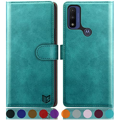 Étui portefeuille Motorola Moto G Pure 2021 SUANPOT bleu vert avec blocage RFID