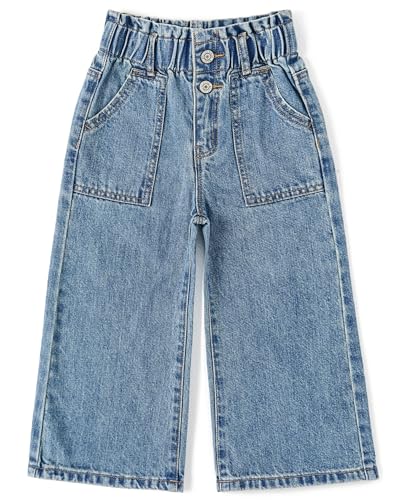 KIDSCOOL SPACE Baby Girls Jeans,Toddler Elastic Waist with D-Ring Slant Pockets Wide-Leg Denim Pants, Lightblue-2686, 9-12 Months