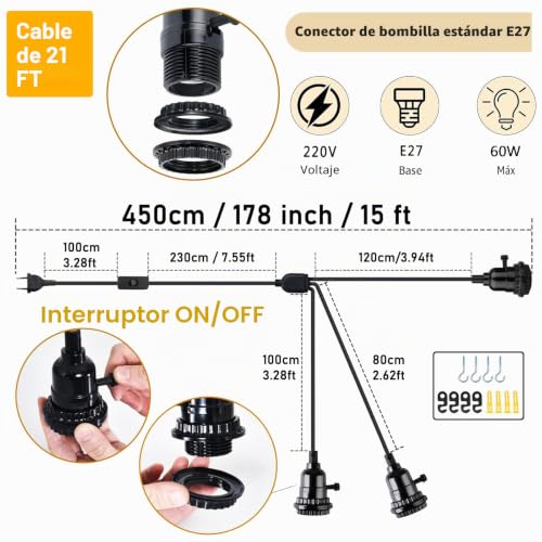 Lámpara colgante con interruptor de 3 luces y cable largo de 6,3 metros 2