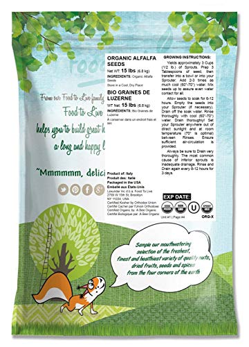 Organic Alfalfa Sprouting Seeds, 15 Pounds - Non-GMO, Kosher, Raw, Vegan, Bulk