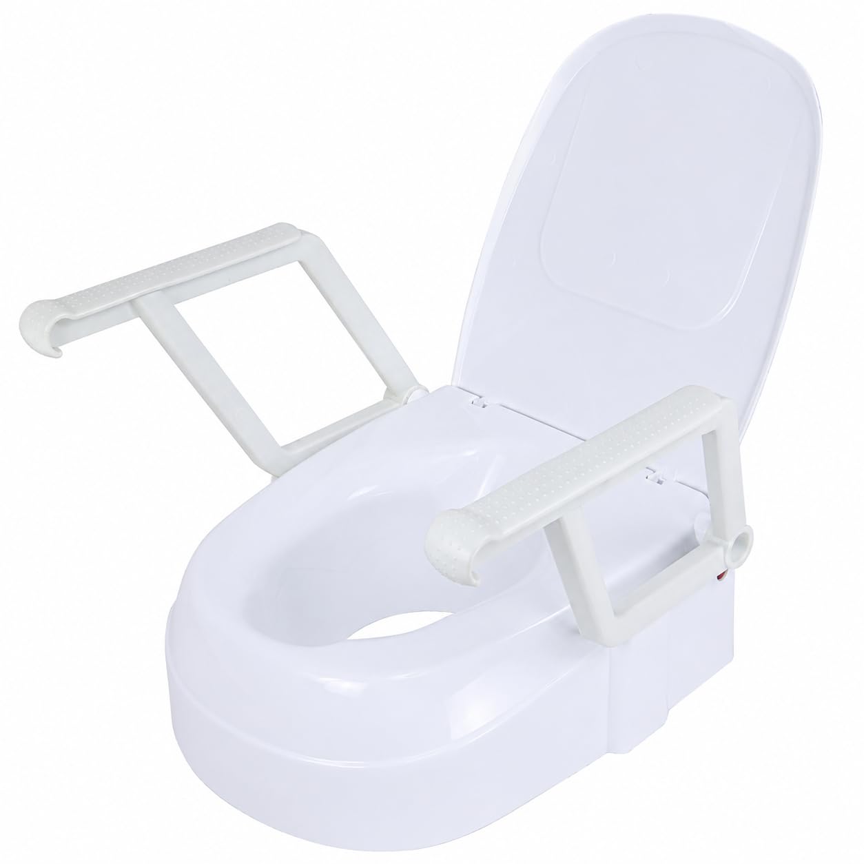 EasyFix - Asiento elevador para inodoro con reposabrazos y tapa, altura ajustable, para personas mayores y cuidados, reposabrazos plegables, soporta hasta 136 kg, color blanco