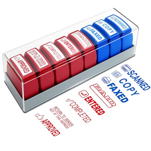 8PCS Office Stamps Set, Copy Paid Scanned Approved Completed Entered Return to Sender Faxed Message Stamp with Storage Tray, Rubber Business Stamp in Red and Blue Ink, Account Finance Staff Supplies