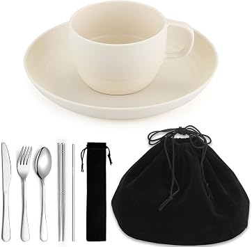 Camping Essentials Set, HOMQUEN Camping Plates and Bowls Set, Coffee Mug, Travel Cutlery Set Include Spoon, Fork, Knife for Work, Outdoor,Picnic, Camp White