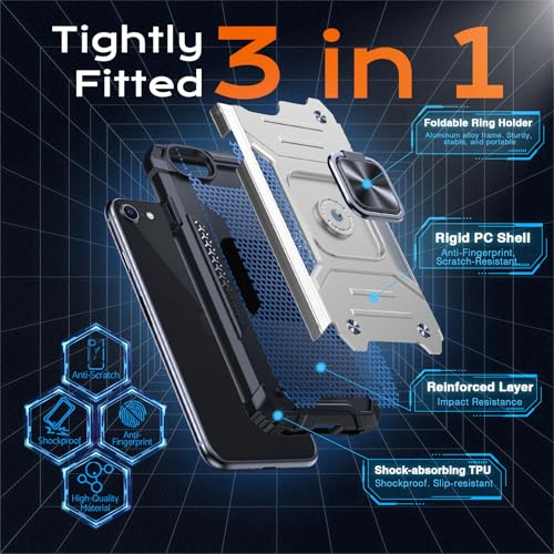 Image of Anqrp Heavy Duty Case for iPhone 17e /16e Case with Enhanced Ring Holder Grip Stand, Military Grade Shockproof Rugged Drop Protective Silicone Hard Slim iPhone 17e /16e Phone Case Cover,Silver