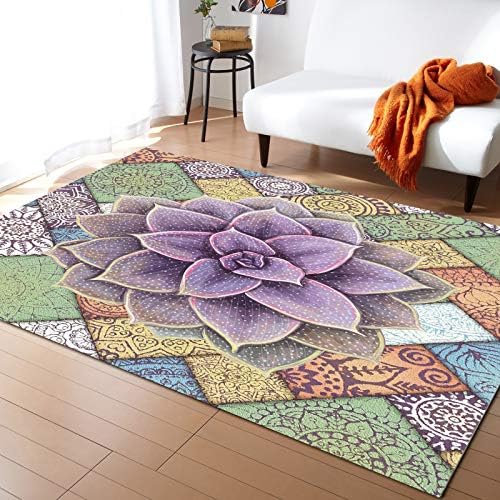Mandala Pattern Backdrop Purple Succulent Pot Plant Area Rug 5'x8',Outdoor Indoor Extra Large Carpet Runner for Kids Teen Girls Boys Bedroom,Living Room,Bathroom,Classroom,Kitchen,Washable Area+Rug