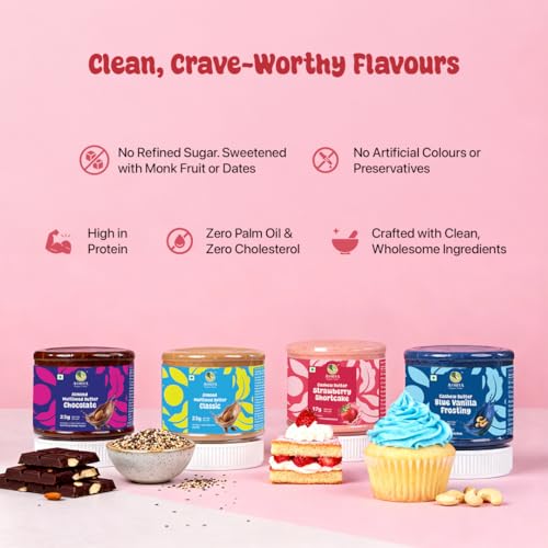 Image of Asmita Organic Farms Nut Butters Tasting Pack | Made with Multi-Seeds & Avocado Oil | High-Protein Spread| (Classic Almond, Chocolate, Strawberry Shortcake, Blue Vanilla Frosting) | 100g Each Jar